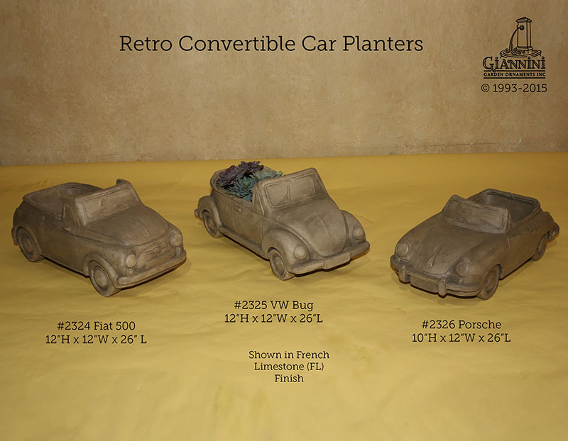 2324 Fiat 500 Planter, 2325 VW Bug Planter, 2326 Porsche Planter