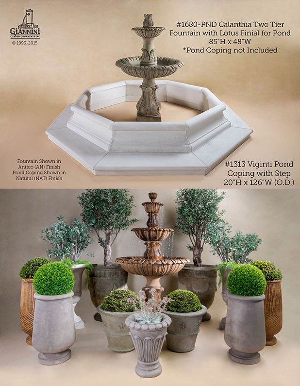#1680-PND Calanthia Two Tier Fountain with Lotus Finial for Pond, #1313 Viginti Pond Coping With Step.jpg