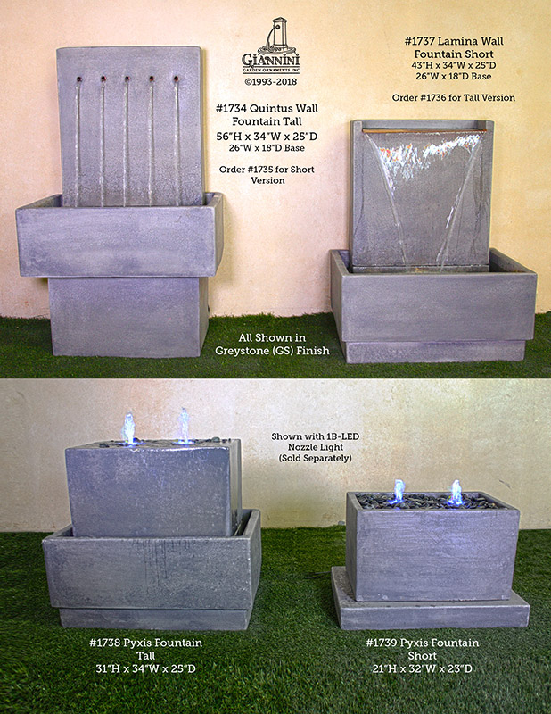 1734 quintus wall fountain, 1737 lamina wall fountain, 1738 pyxis fountain tall, 1739 pyxis fountain short