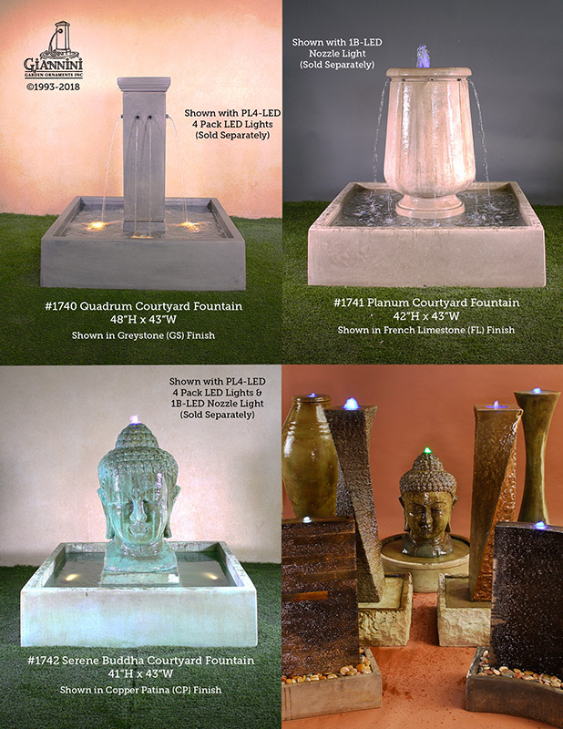 1740 quadrum courtyard fountain, 1741 planum courtyard fountain, 1742 serene buddha courtyard fountain