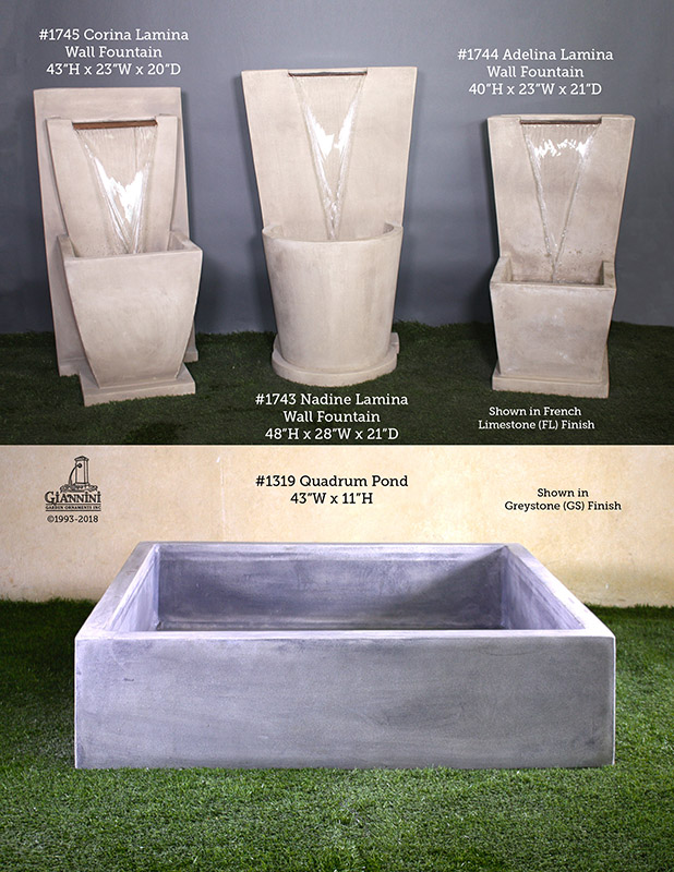 1745 corina lamina wall fountain, 1743 nadine lamina wall fountain, 1744 adelina lamina wall fountain, 1319 quadrum pond